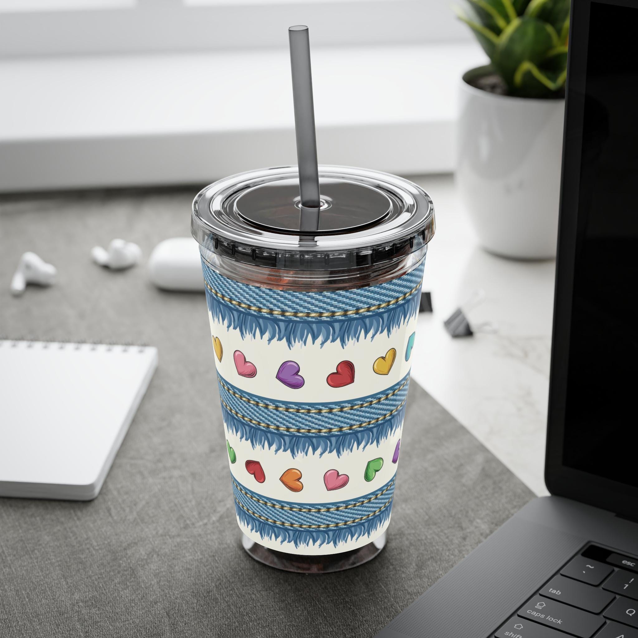 Denim Hearts Sunsplash Tumbler with Straw 16oz, Summer Acrylic Water Cup