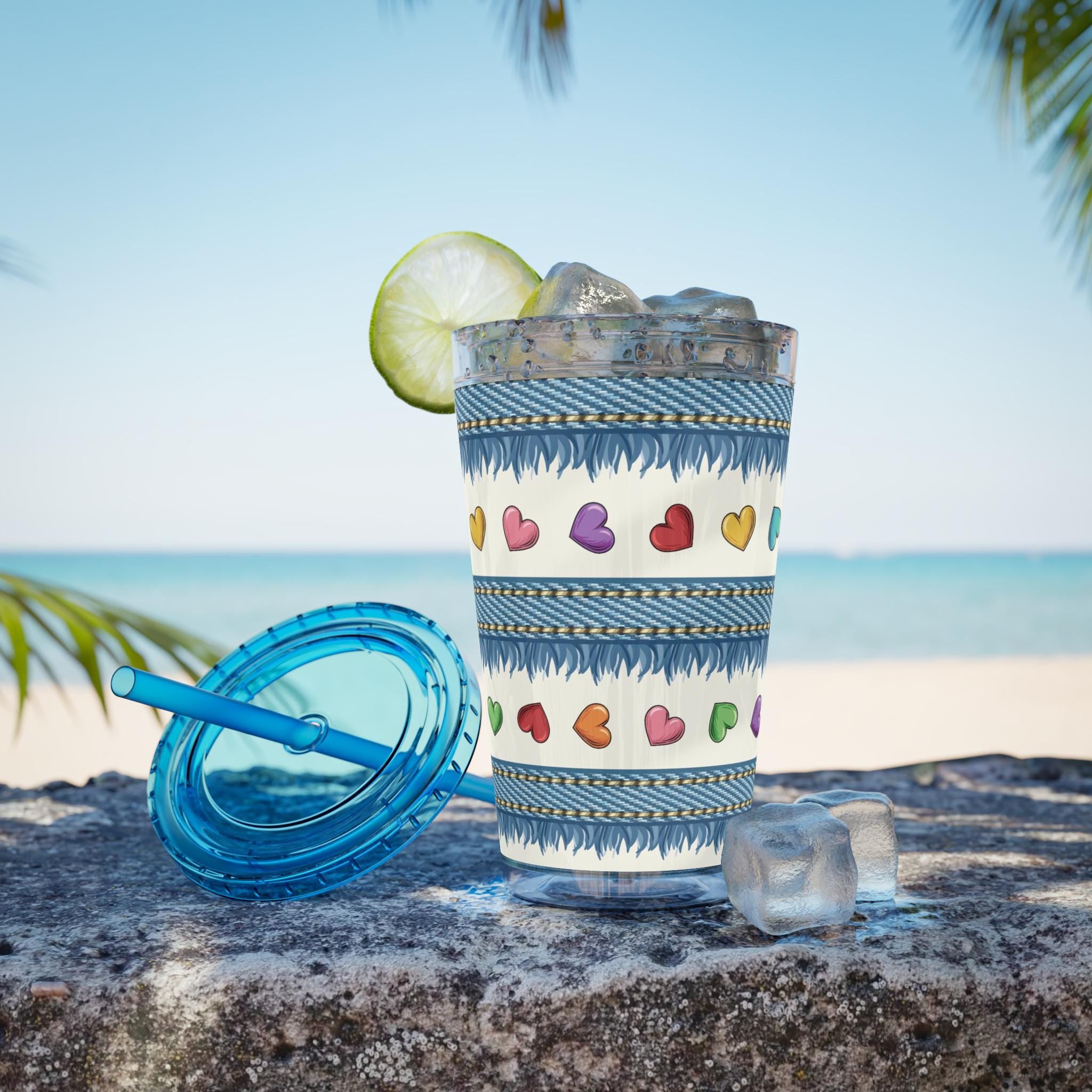 Denim Hearts Sunsplash Tumbler with Straw 16oz, Summer Acrylic Water Cup