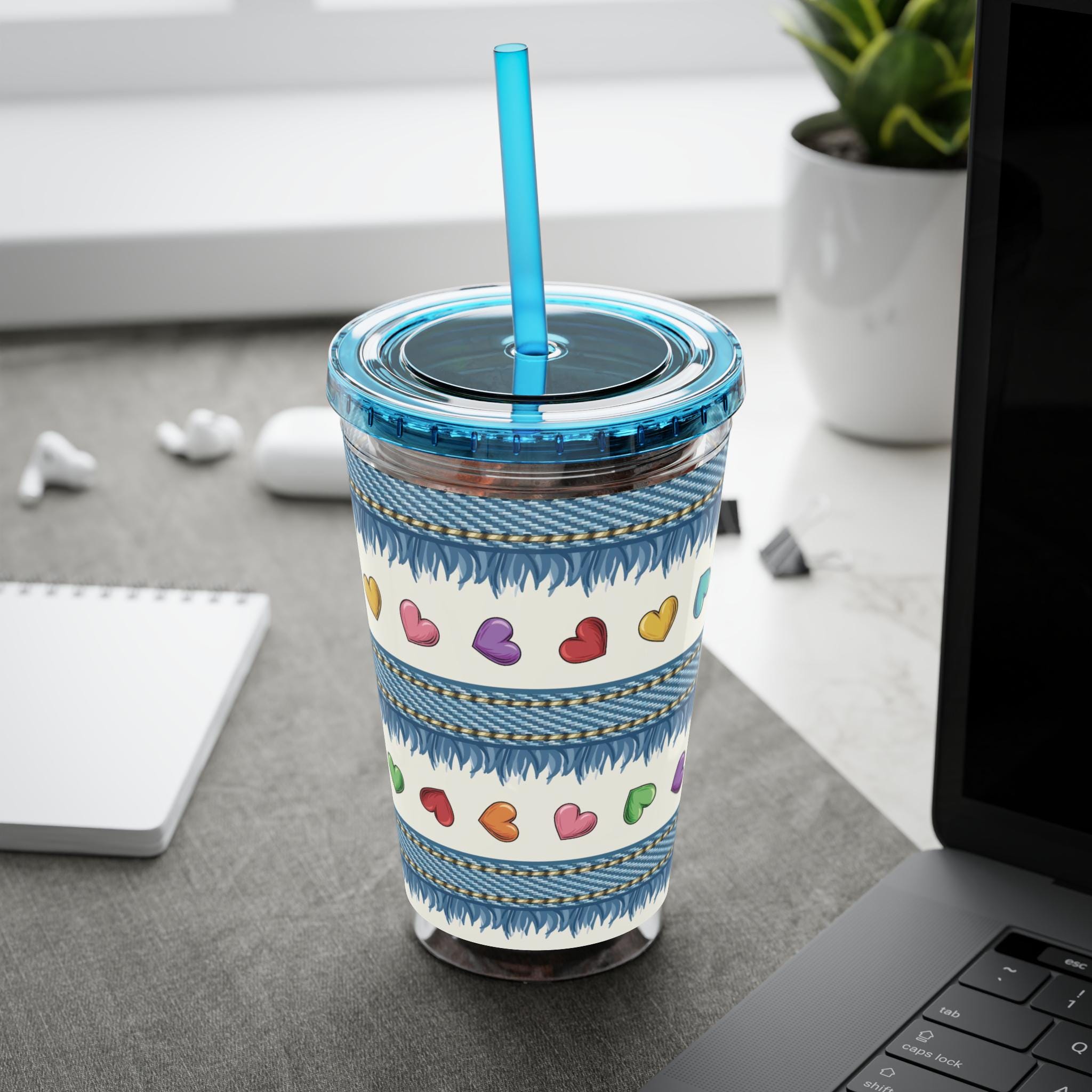 Denim Hearts Sunsplash Tumbler with Straw 16oz, Summer Acrylic Water Cup