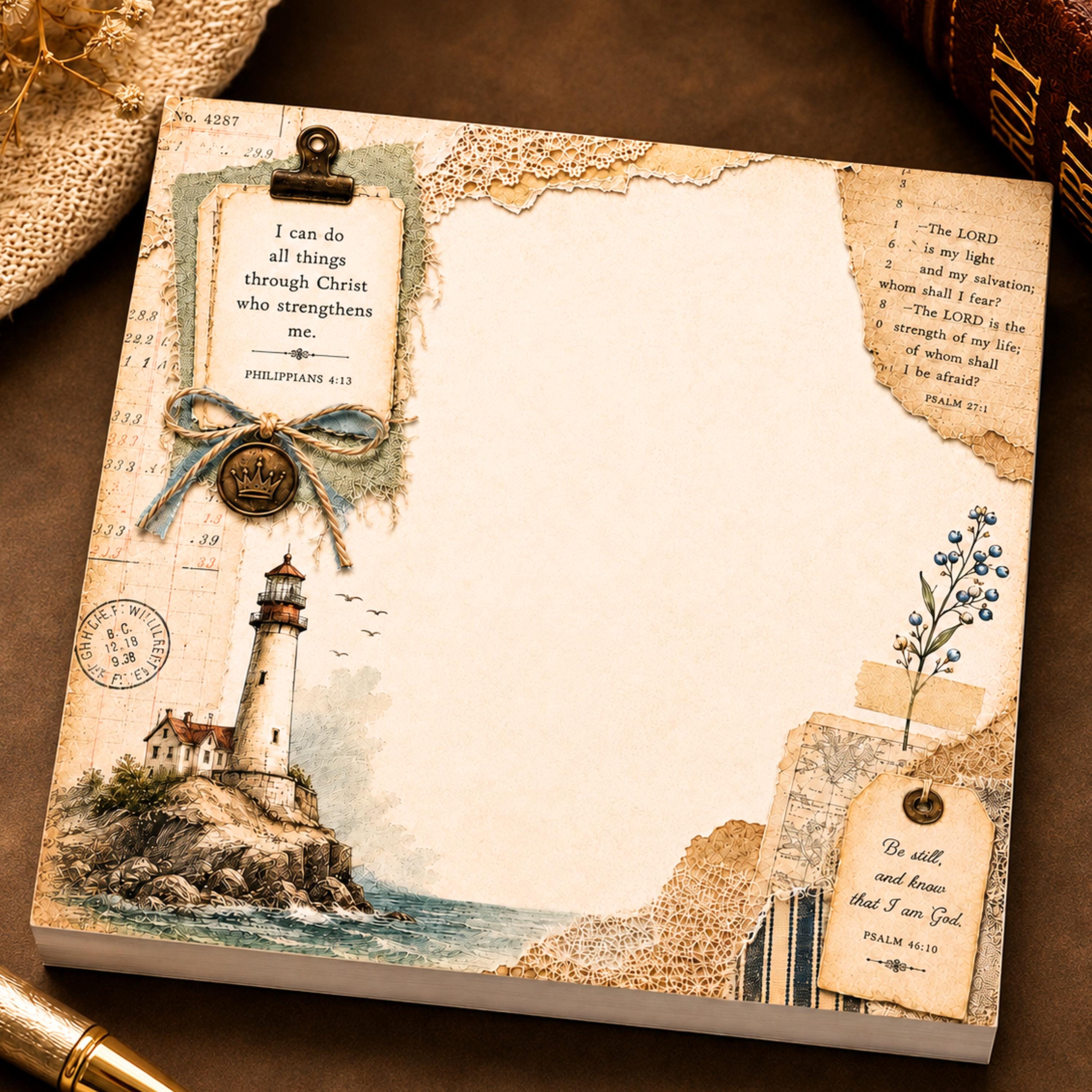 Philippians 4:13 Lighthouse Bible Verse Notepad, Christian Post-it Notes, Bible Journaling Ephemera Stationery Coastal Memo