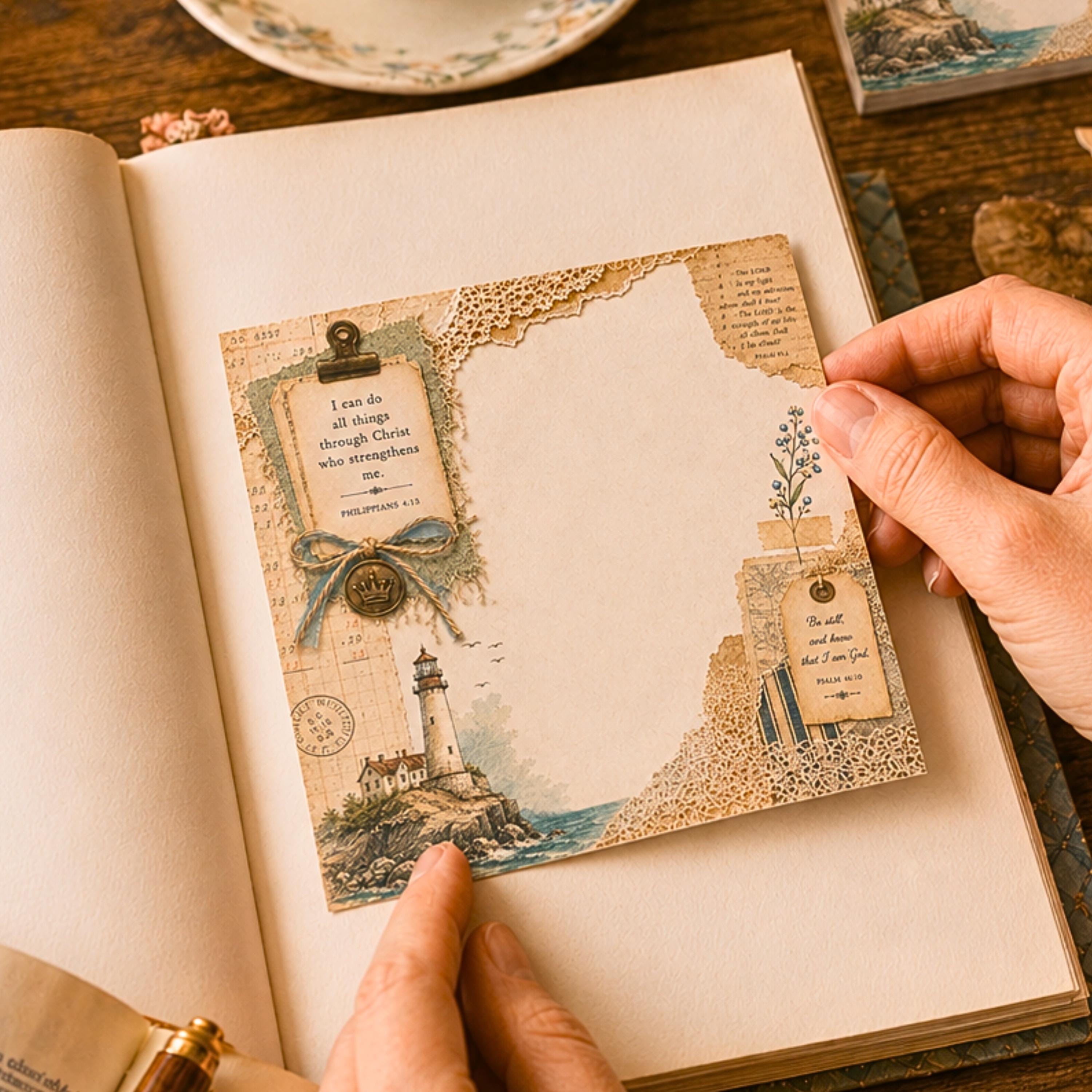 Philippians 4:13 Lighthouse Bible Verse Notepad, Christian Post-it Notes, Bible Journaling Ephemera Stationery Coastal Memo