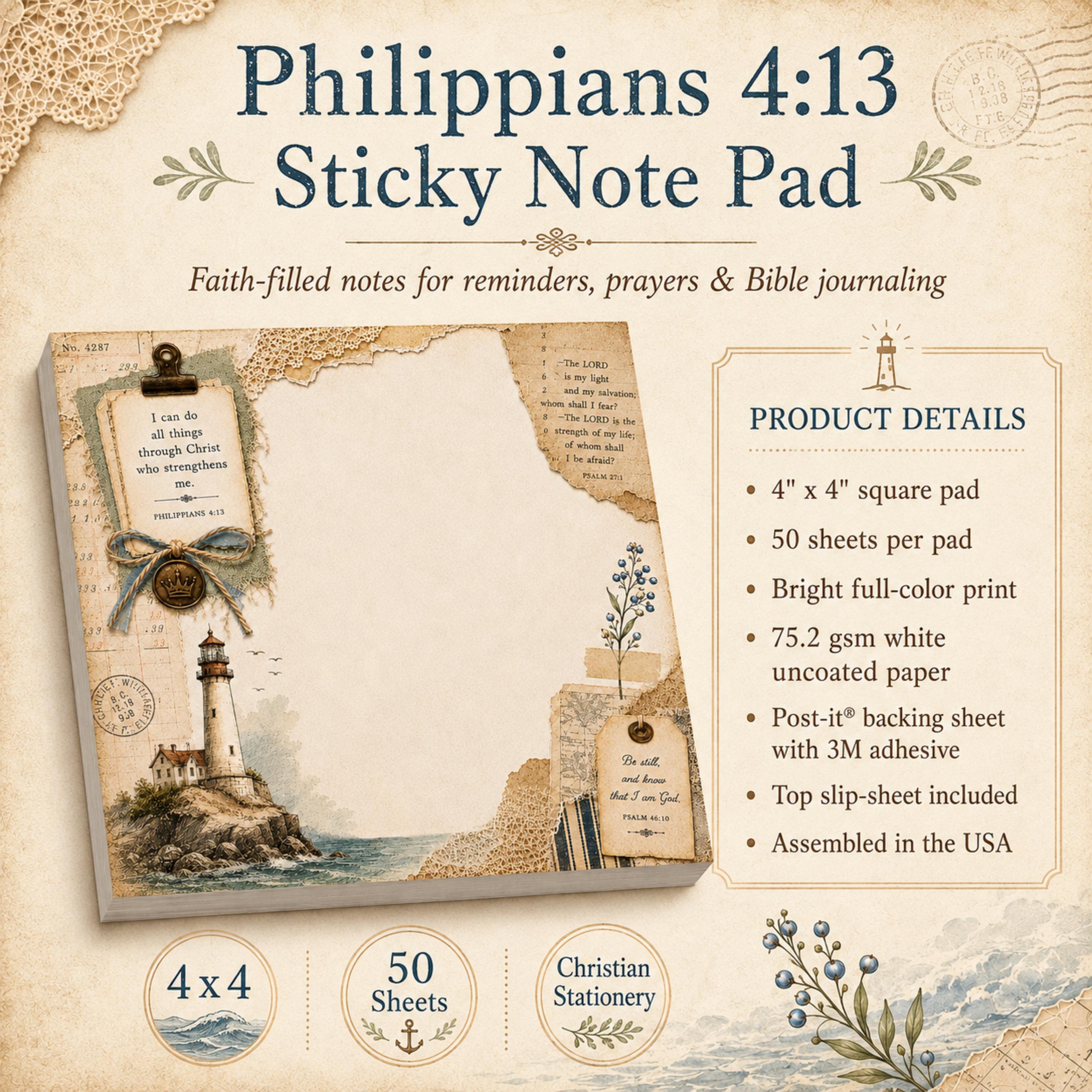 Philippians 4:13 Lighthouse Bible Verse Notepad, Christian Post-it Notes, Bible Journaling Ephemera Stationery Coastal Memo
