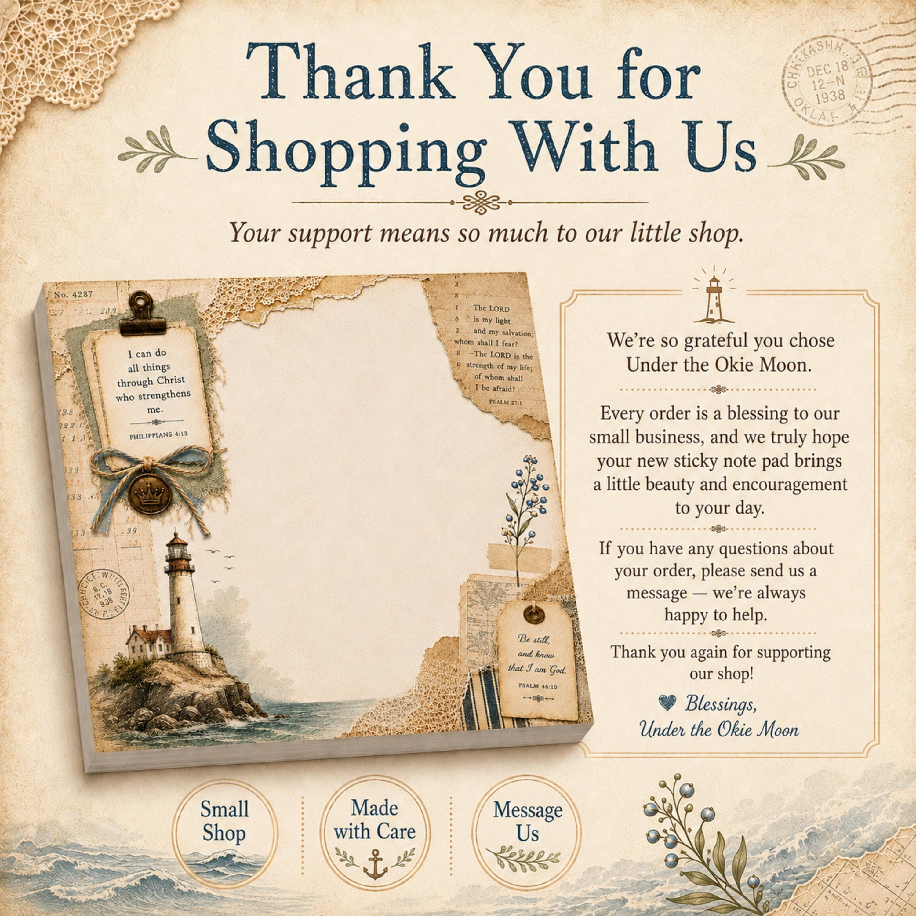 Philippians 4:13 Lighthouse Bible Verse Notepad, Christian Post-it Notes, Bible Journaling Ephemera Stationery Coastal Memo