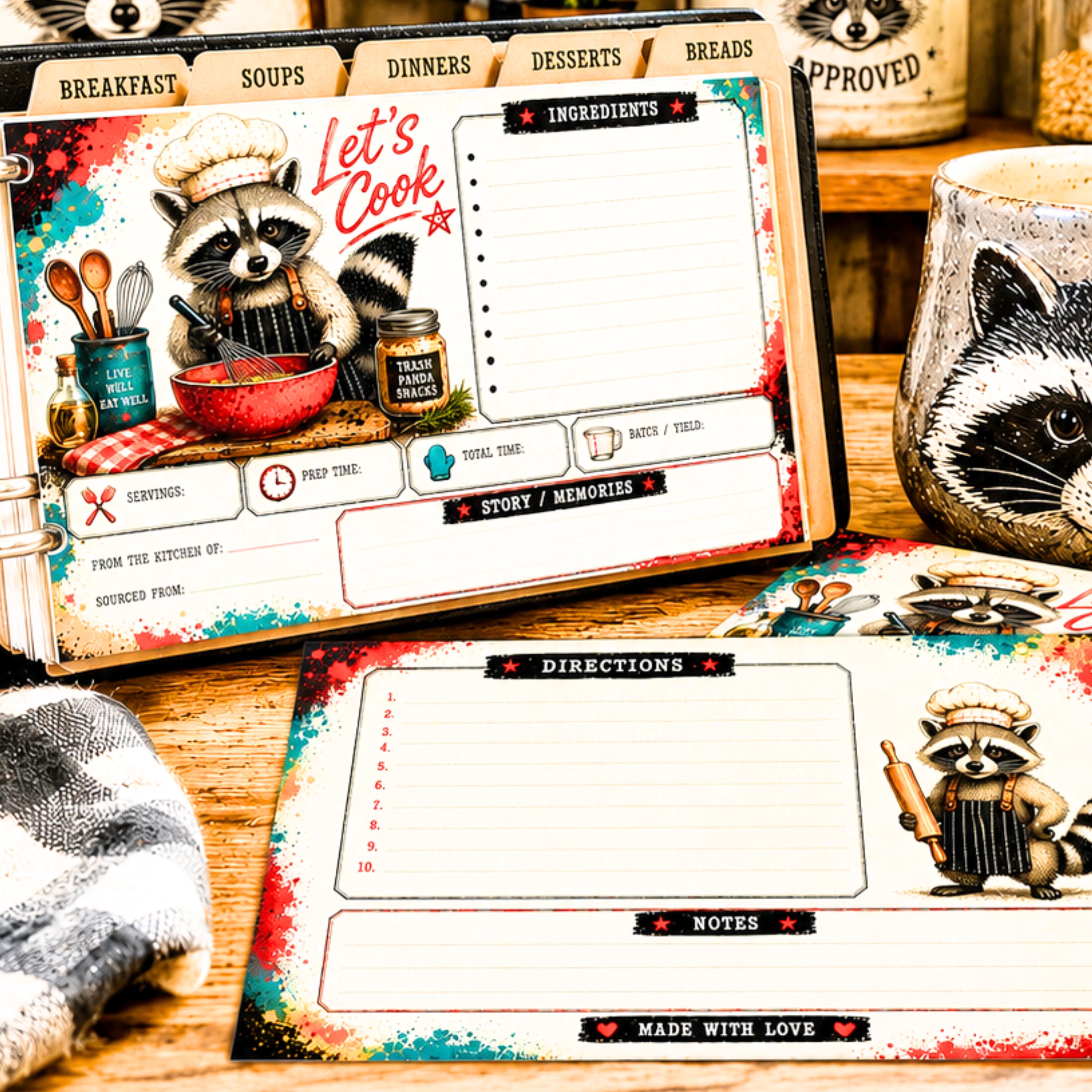 Trash Panda Recipe Cards Printable for Raccoon Kitchen Binder, 3x5 & 4x6 Digital Download