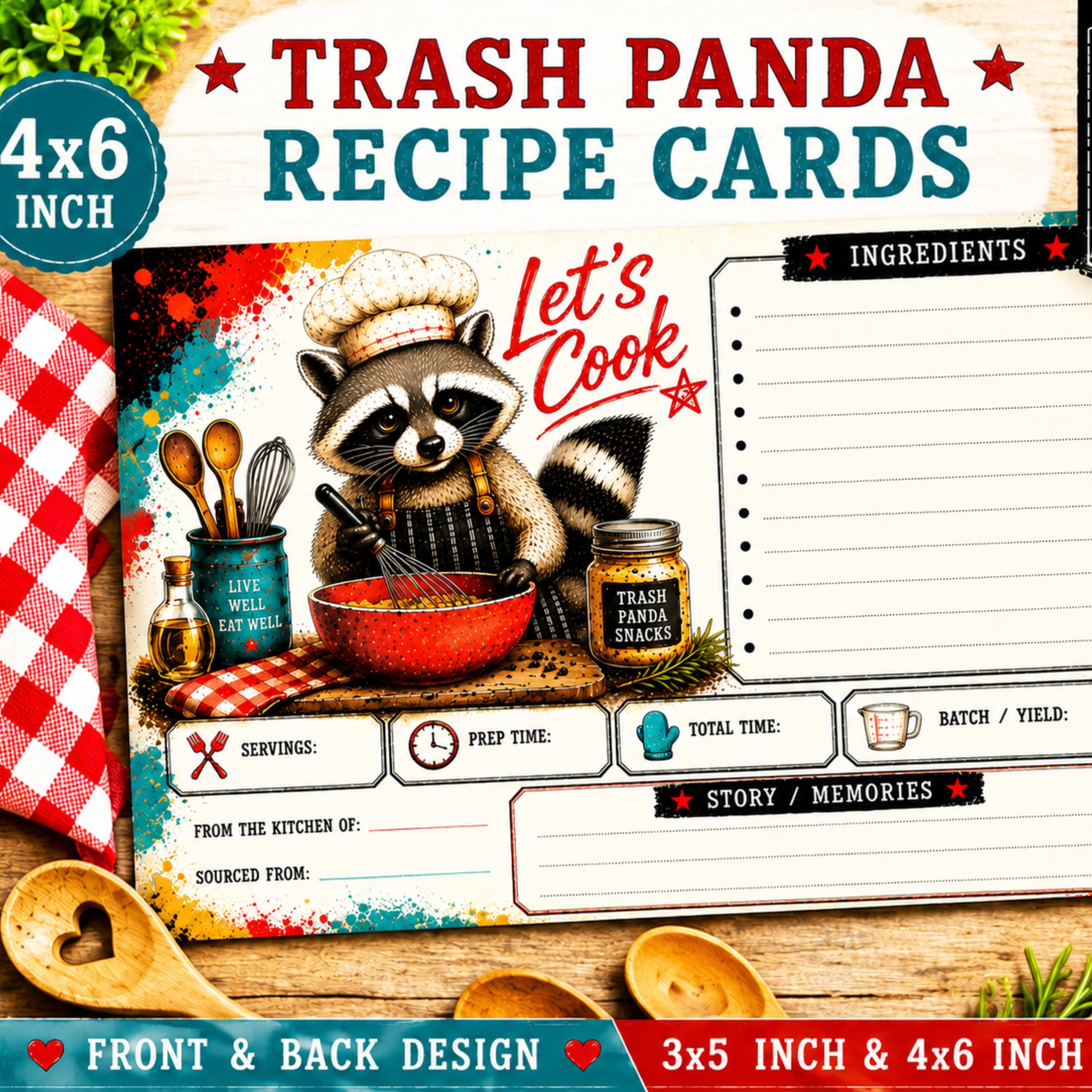 Trash Panda Recipe Cards Printable for Raccoon Kitchen Binder, 3x5 & 4x6 Digital Download