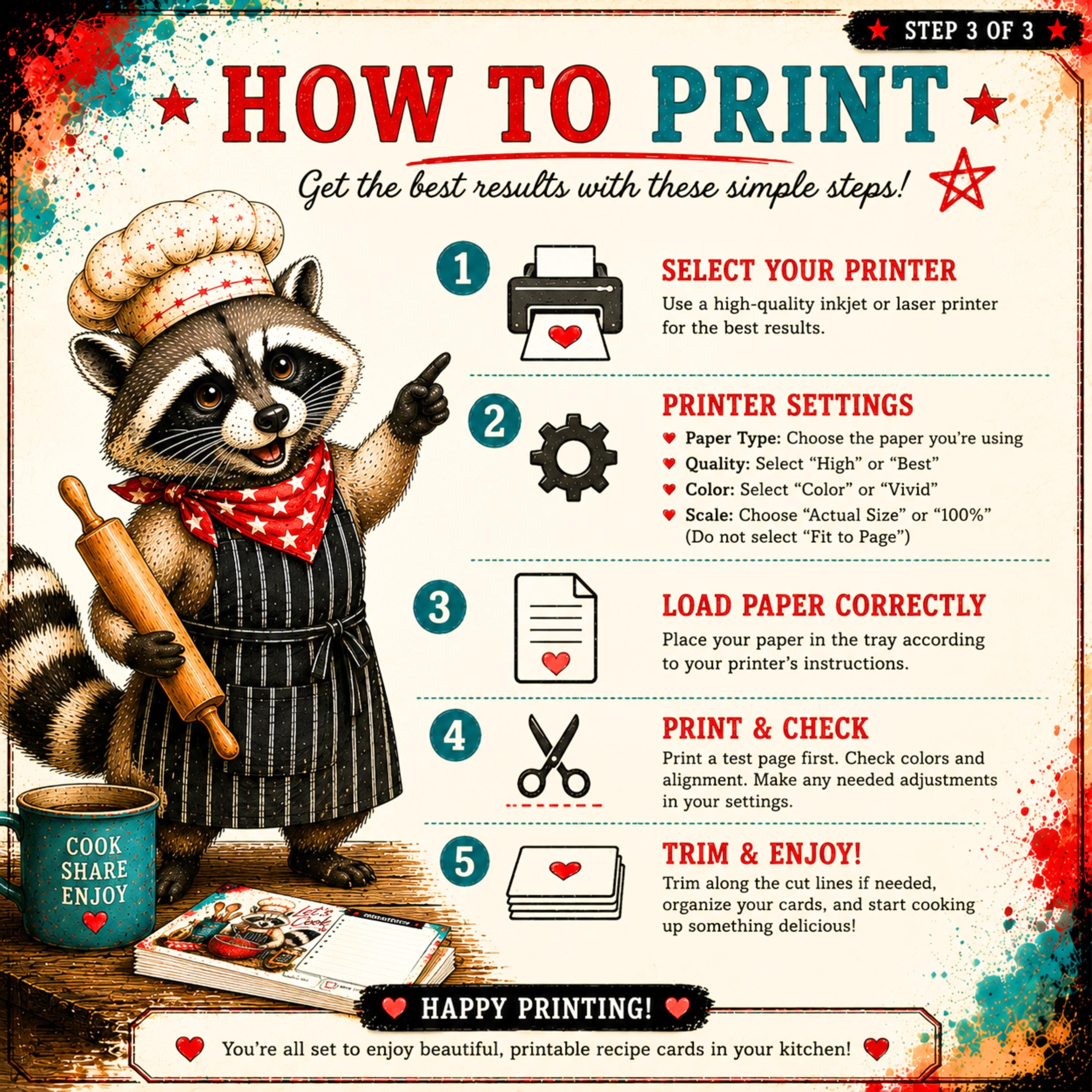 Trash Panda Recipe Cards Printable for Raccoon Kitchen Binder, 3x5 & 4x6 Digital Download