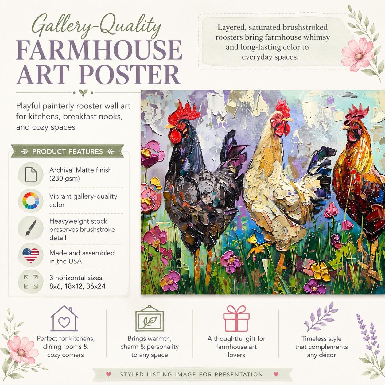 Painterly Rooster Art Poster, Farmhouse Rooster Print, Archival Matte Wall Art