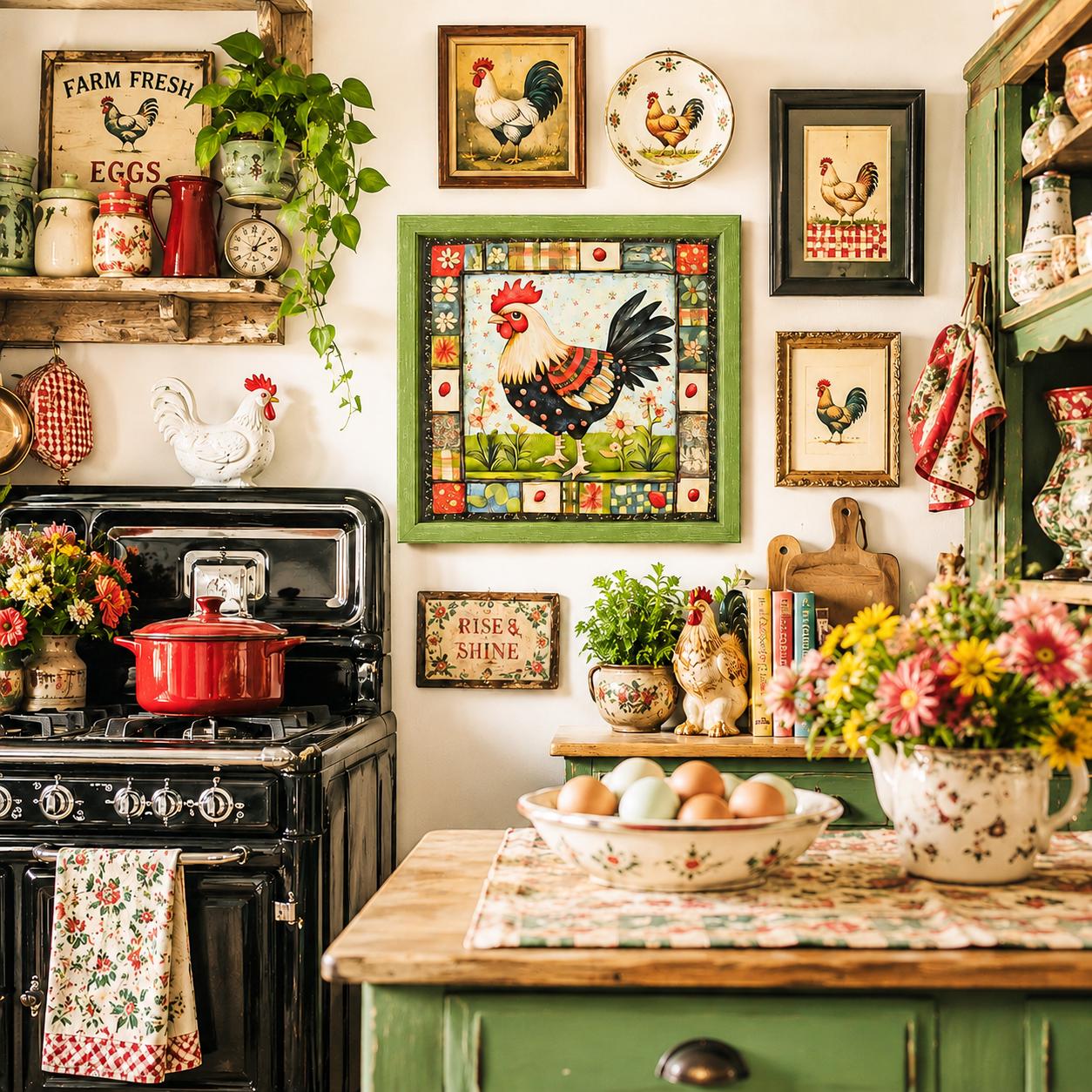 Farmhouse Rooster Wall Art Folk Print Country Kitchen Poster Rustic Cottage Decor Square Gallery
