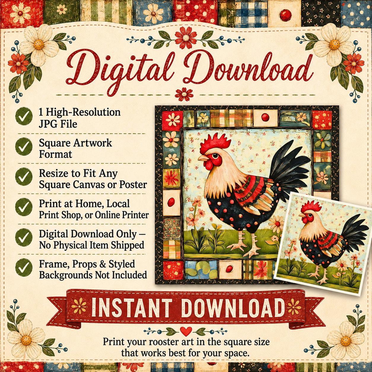 Farmhouse Rooster Digital Download Folk Art Print Country Kitchen Wall Decor Square Poster
