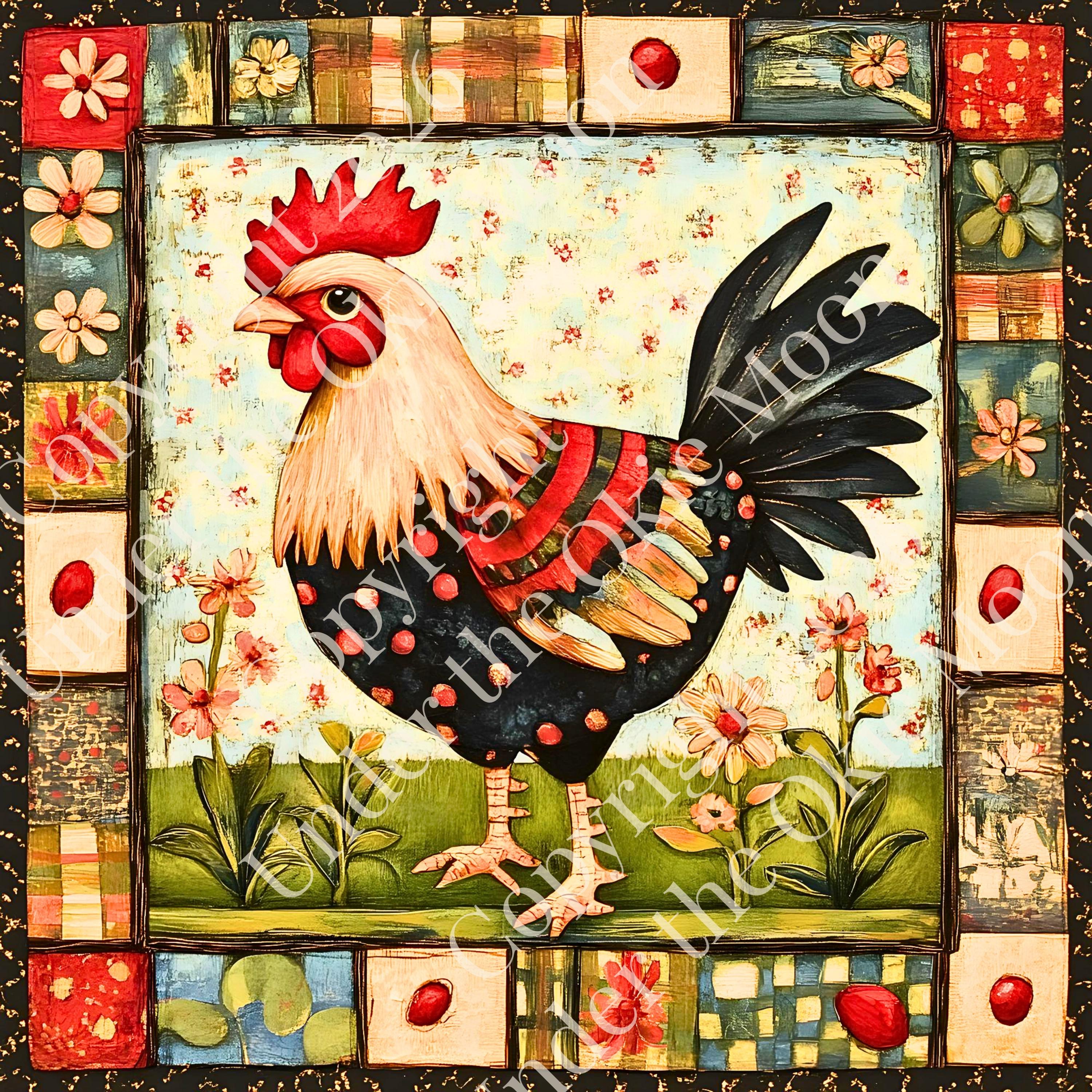 Farmhouse Rooster Digital Download Folk Art Print Country Kitchen Wall Decor Square Poster