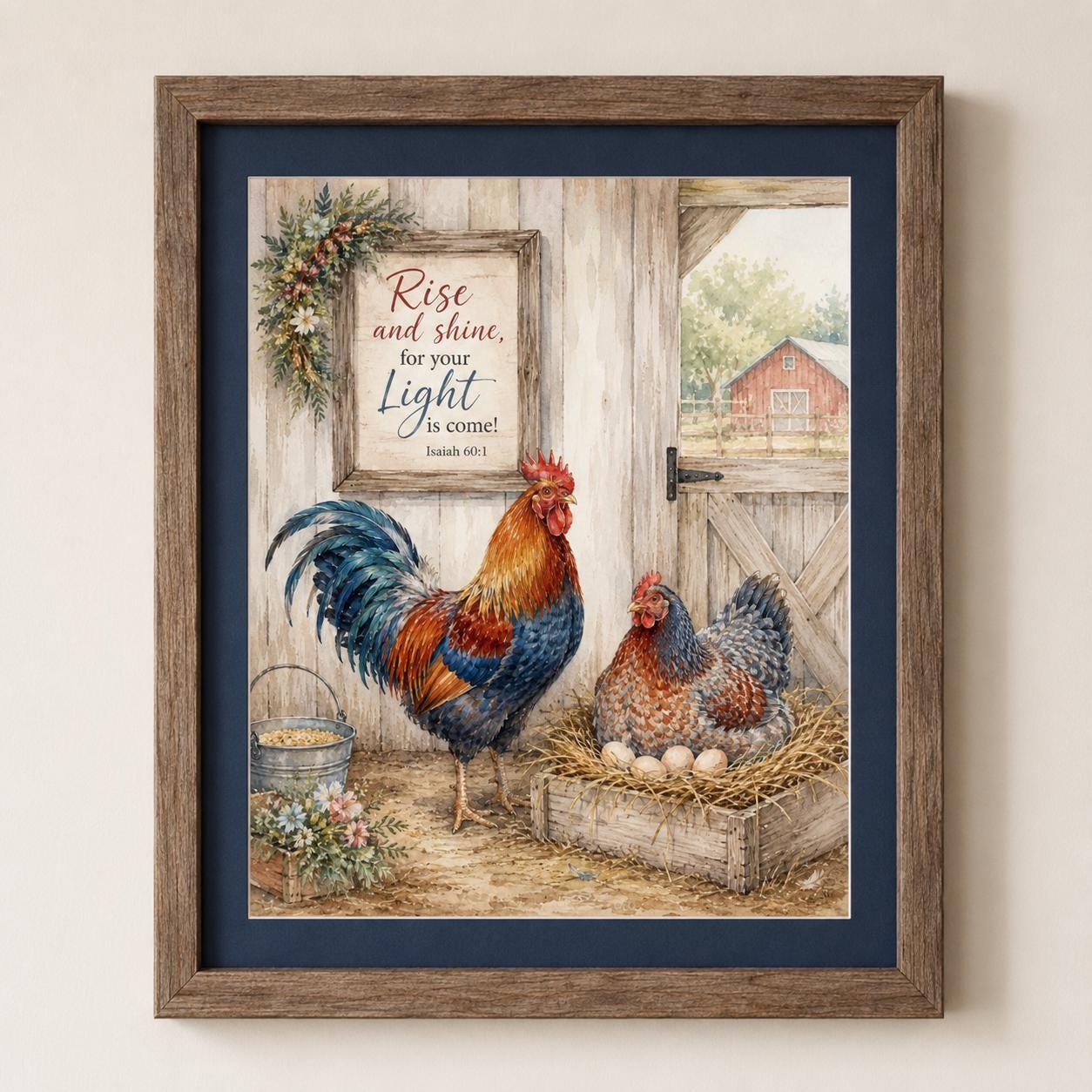 Christian Rooster Wall Art Farmhouse Hen Printable Barnyard Coop Decor Isaiah Verse Download
