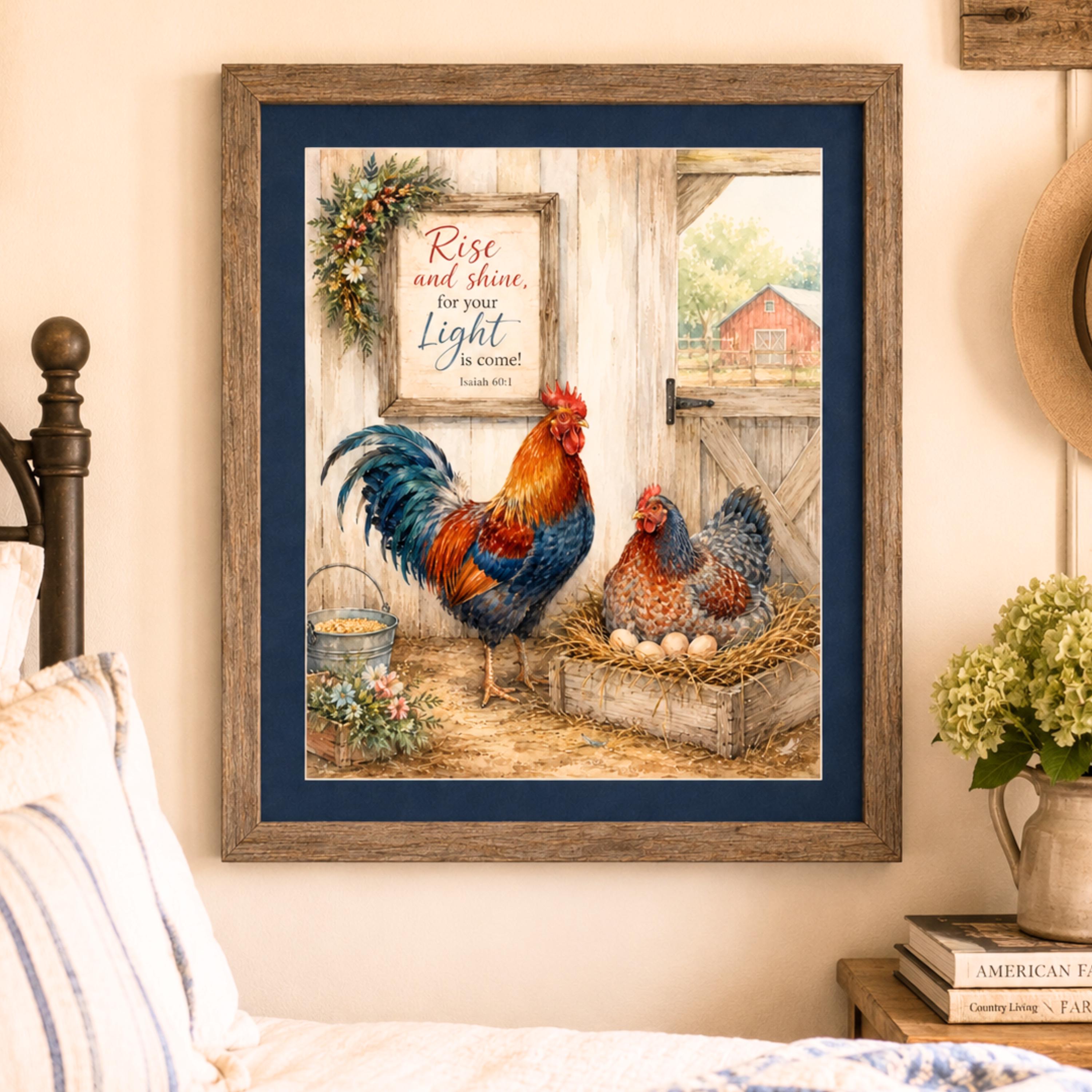 Christian Rooster Wall Art Farmhouse Hen Printable Barnyard Coop Decor Isaiah Verse Download