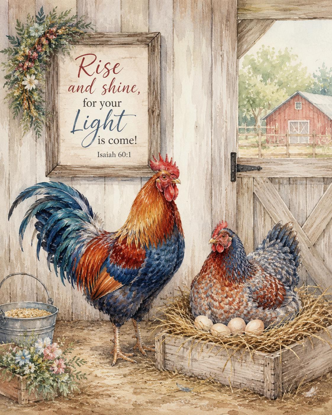 Christian Rooster Wall Art Farmhouse Hen Printable Barnyard Coop Decor Isaiah Verse Download