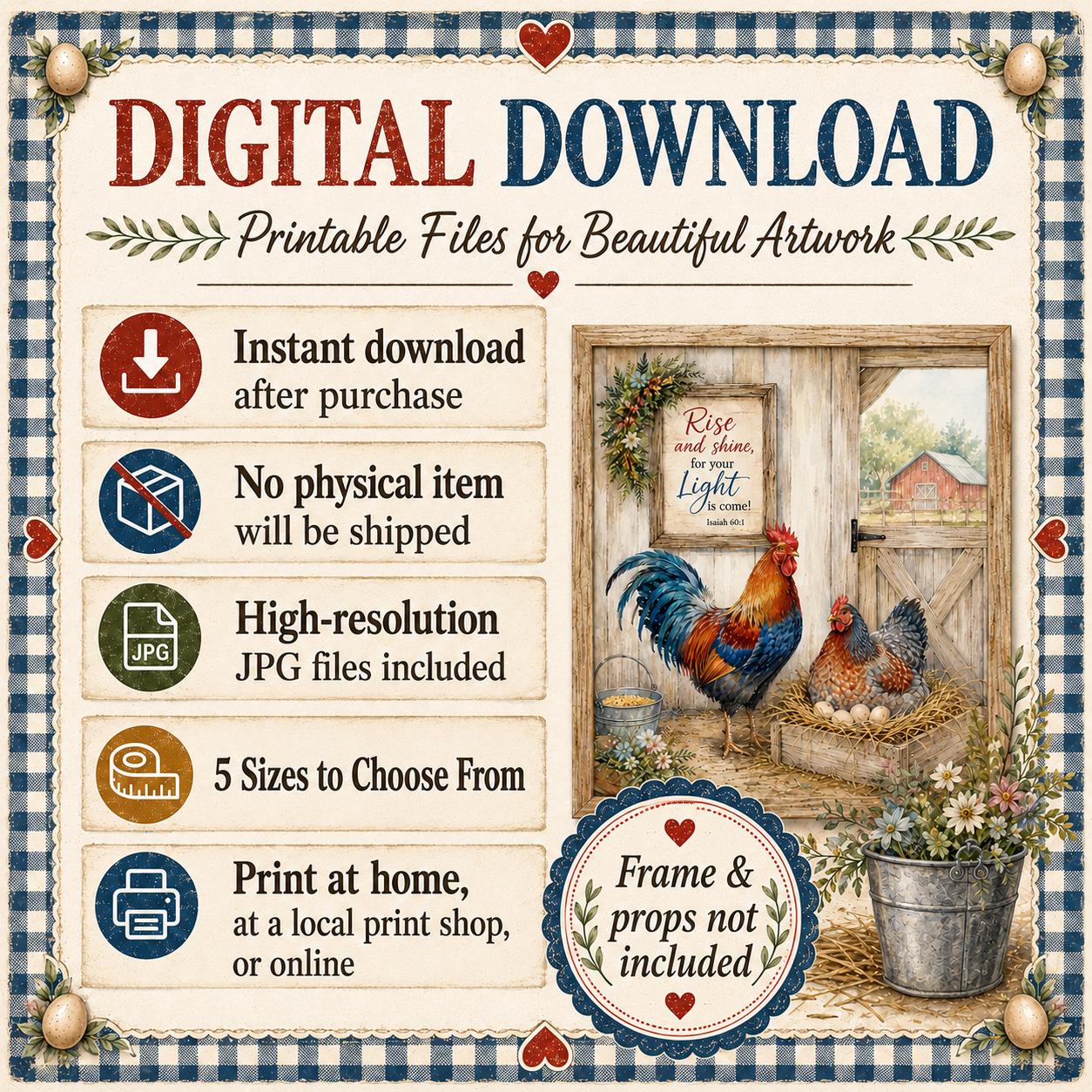 Christian Rooster Wall Art Farmhouse Hen Printable Barnyard Coop Decor Isaiah Verse Download