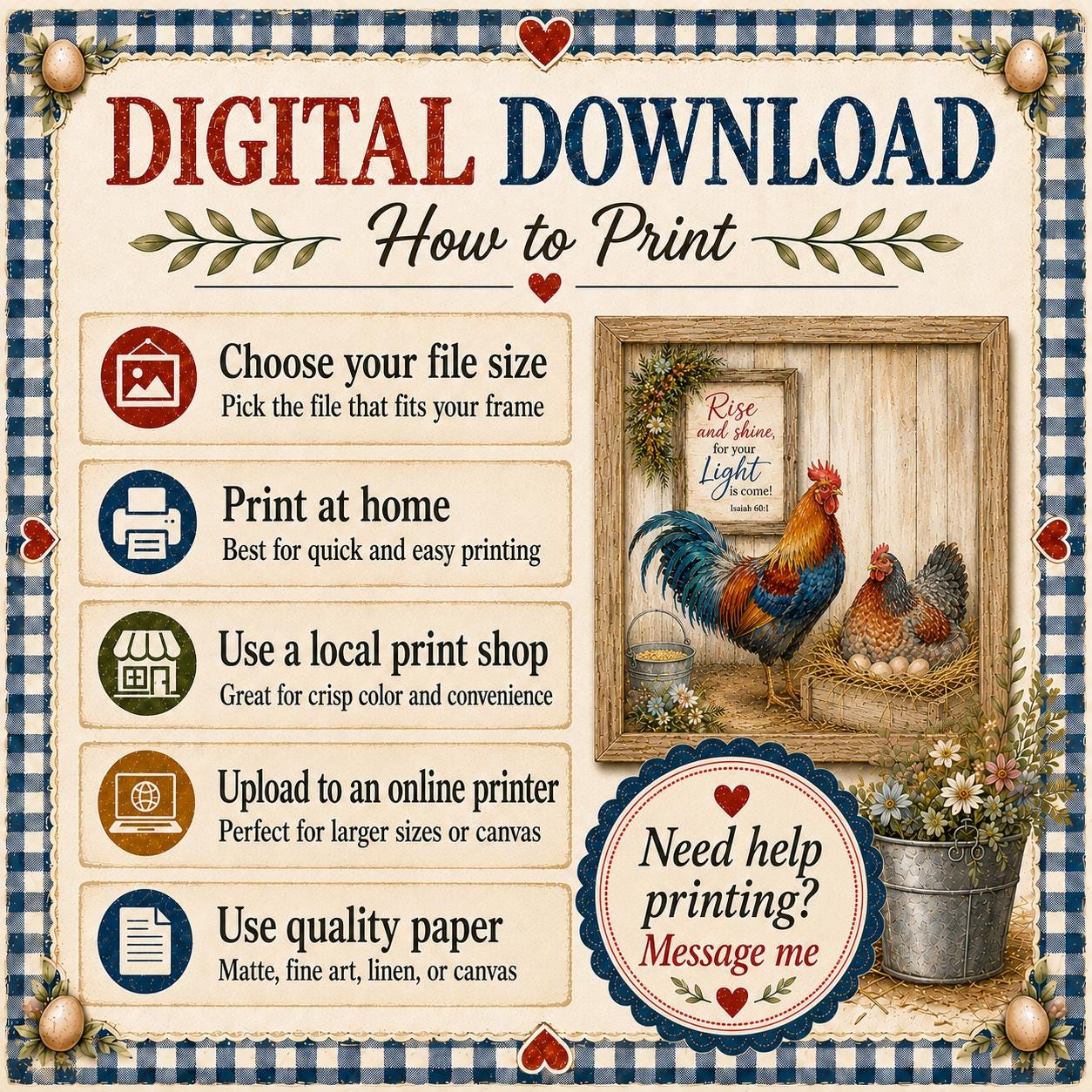 Christian Rooster Wall Art Farmhouse Hen Printable Barnyard Coop Decor Isaiah Verse Download