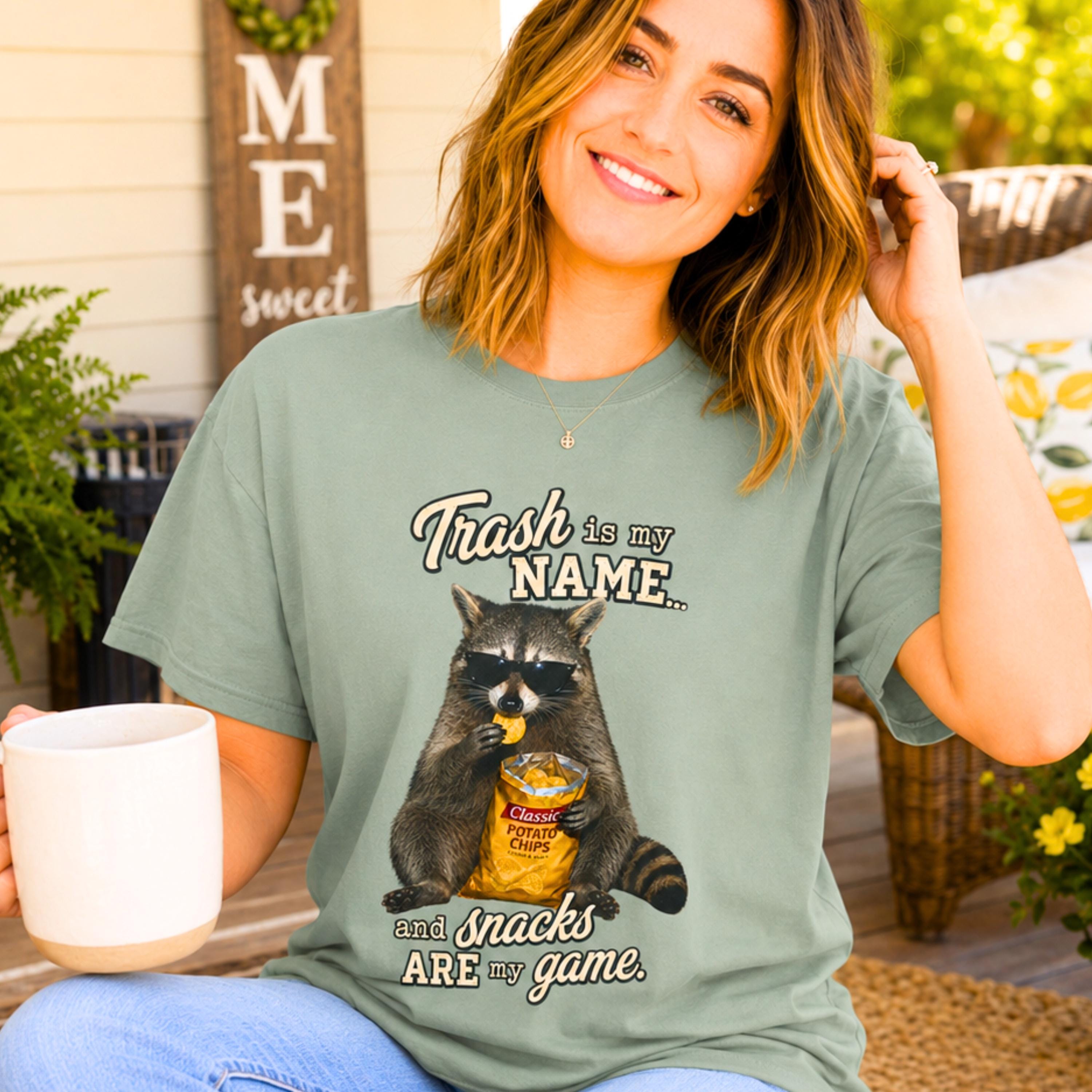Raccoon Trash Panda Tee: Funny Animal Graphic Shirt, Comfort Colors Unisex Apparel, Meme T-Shirt, Snack Lover Gifts for Him Her Friends