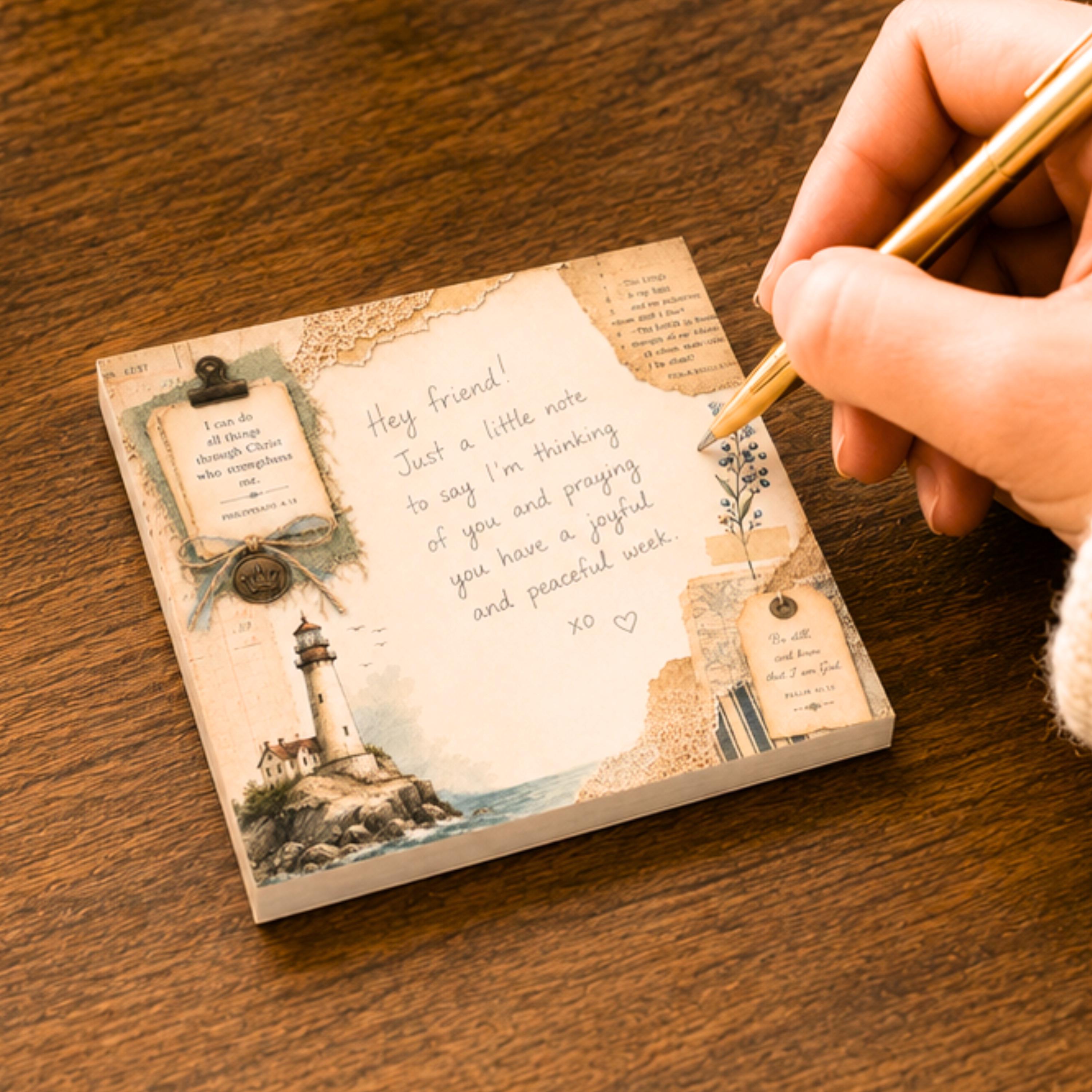 Philippians 4:13 Lighthouse Bible Verse Notepad, Christian Post-it Notes, Bible Journaling Ephemera Stationery Coastal Memo