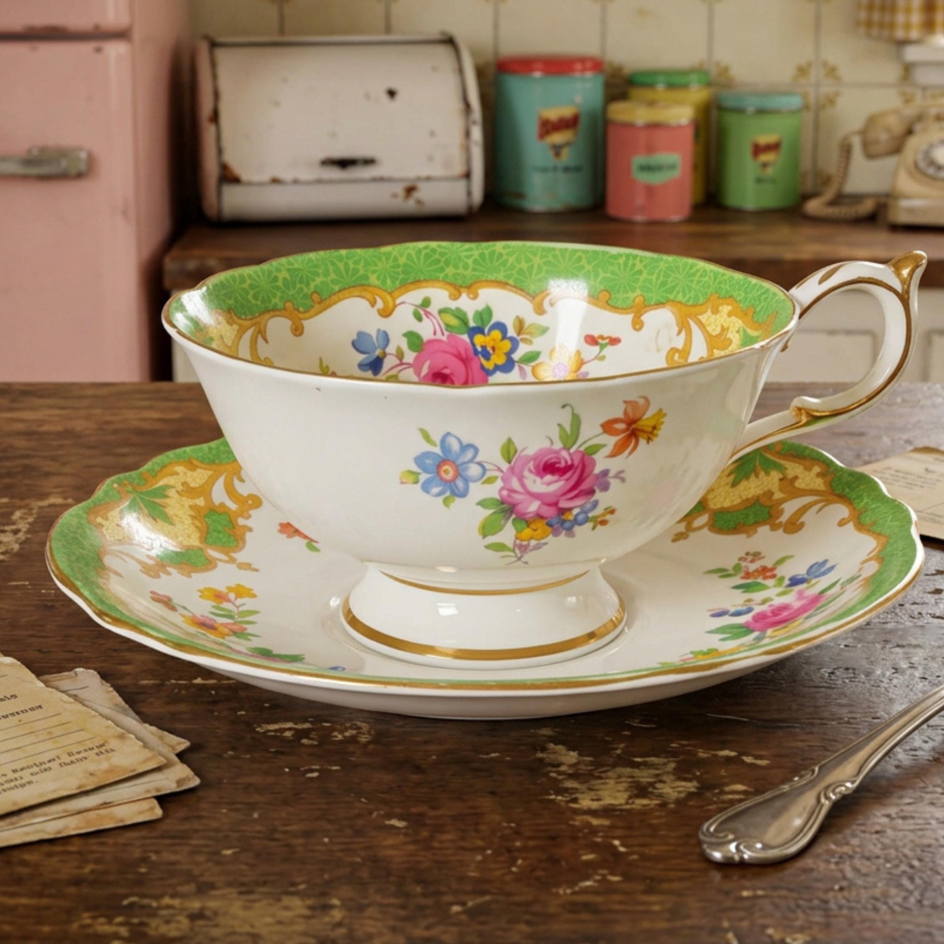 Decorative teacup and saucer with floral patterns on a wooden table.