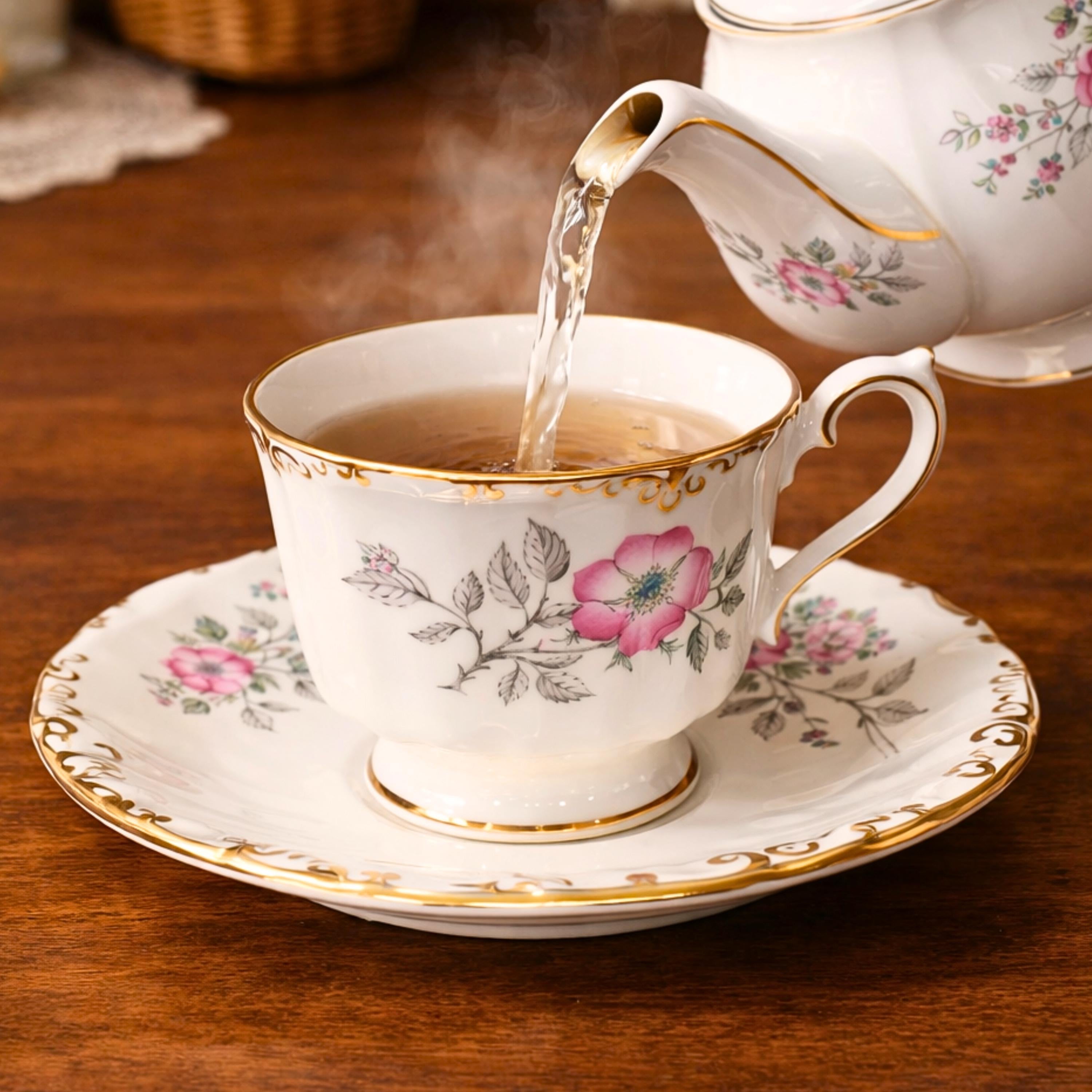 Tea being poured into a floral teacup on a wooden table