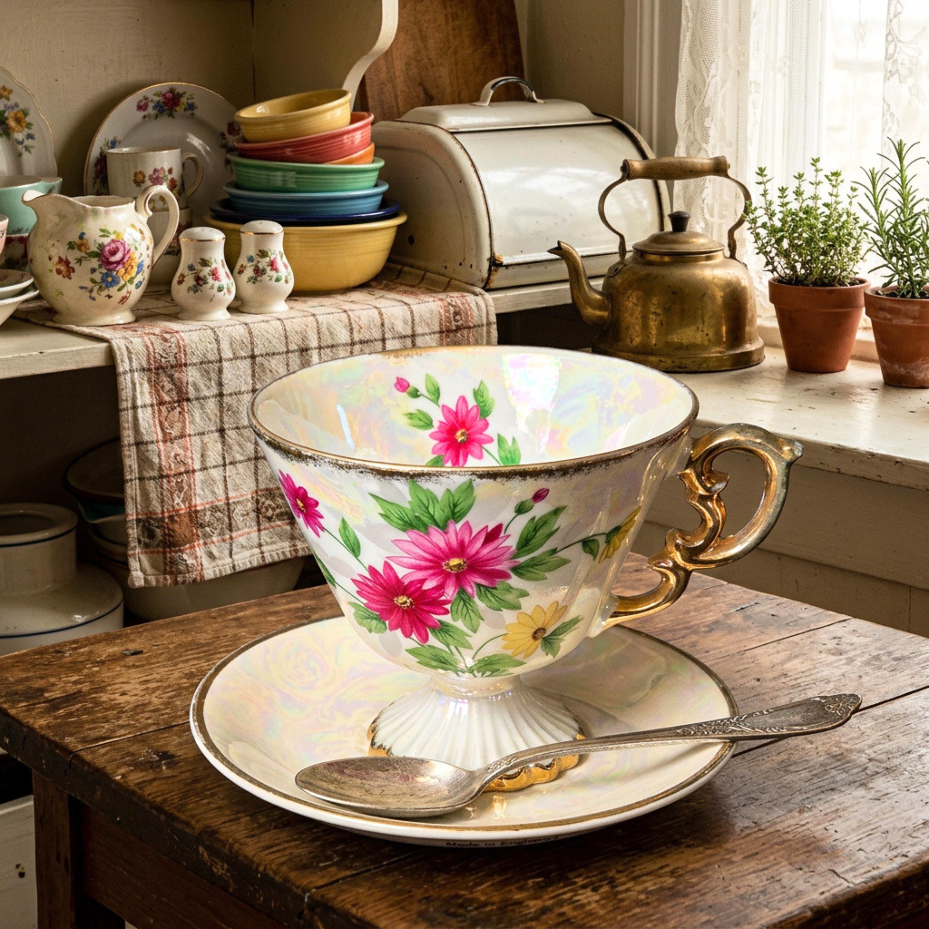 Decorative floral teacup on a wooden table with a kitchen background